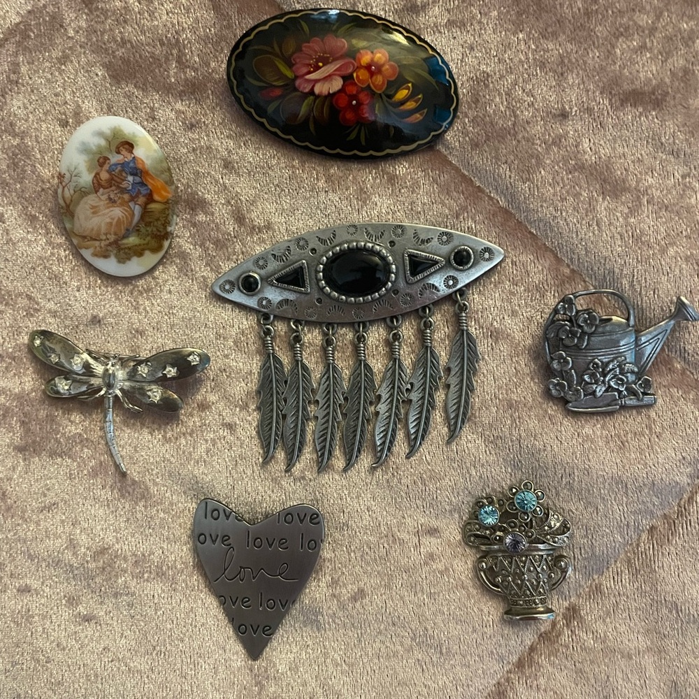 Silver and Black Feather Brooch Set